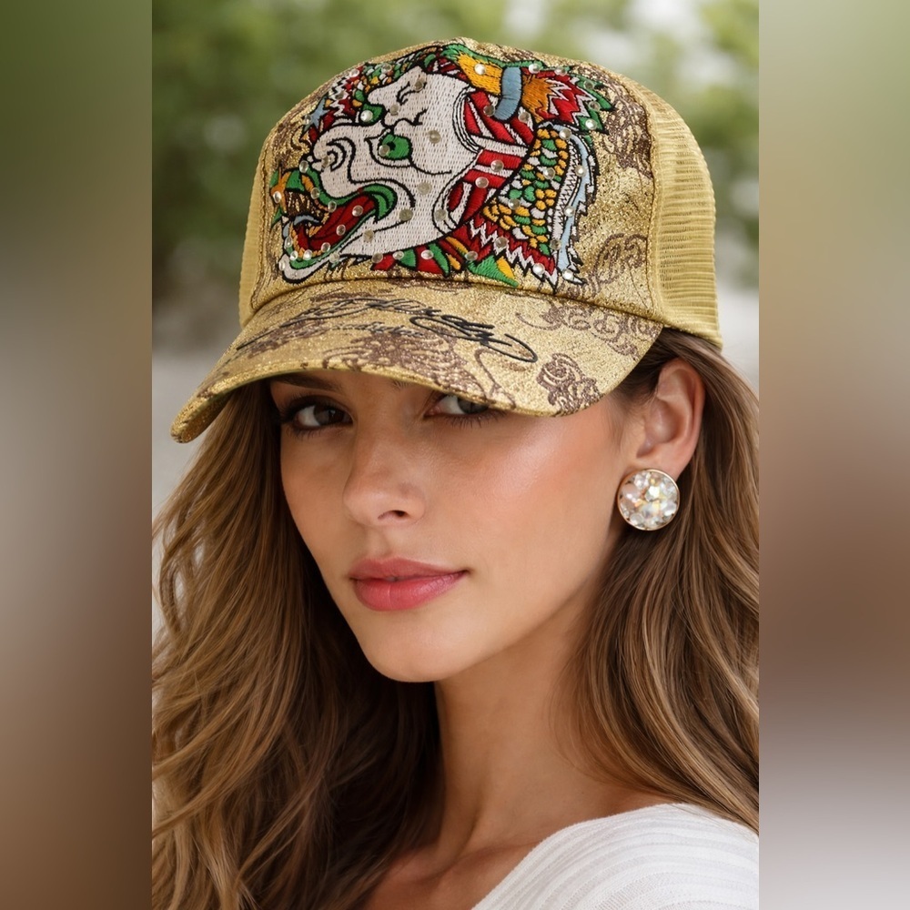 Ed Hardy Gold Trucker Hat with Dragon Design